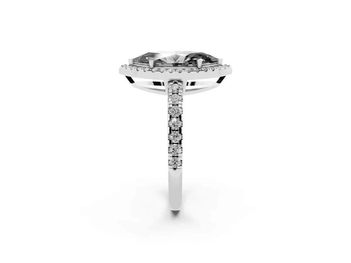 Fancy Black Marquise Cut Diamond Halo Ring with Pavé Band and Four-Prong Setting Platinum