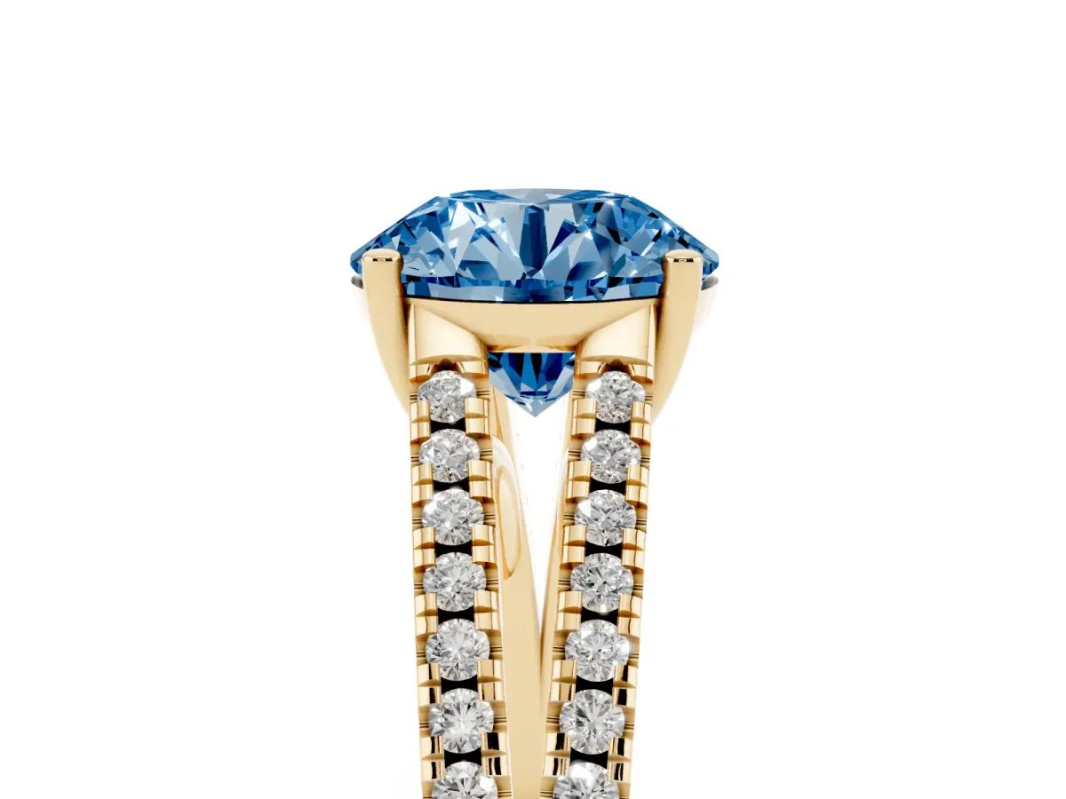 Fancy Blue Round Cut Diamond Solitaire Engagement Ring with Split Shank Pavé Band Yellow gold