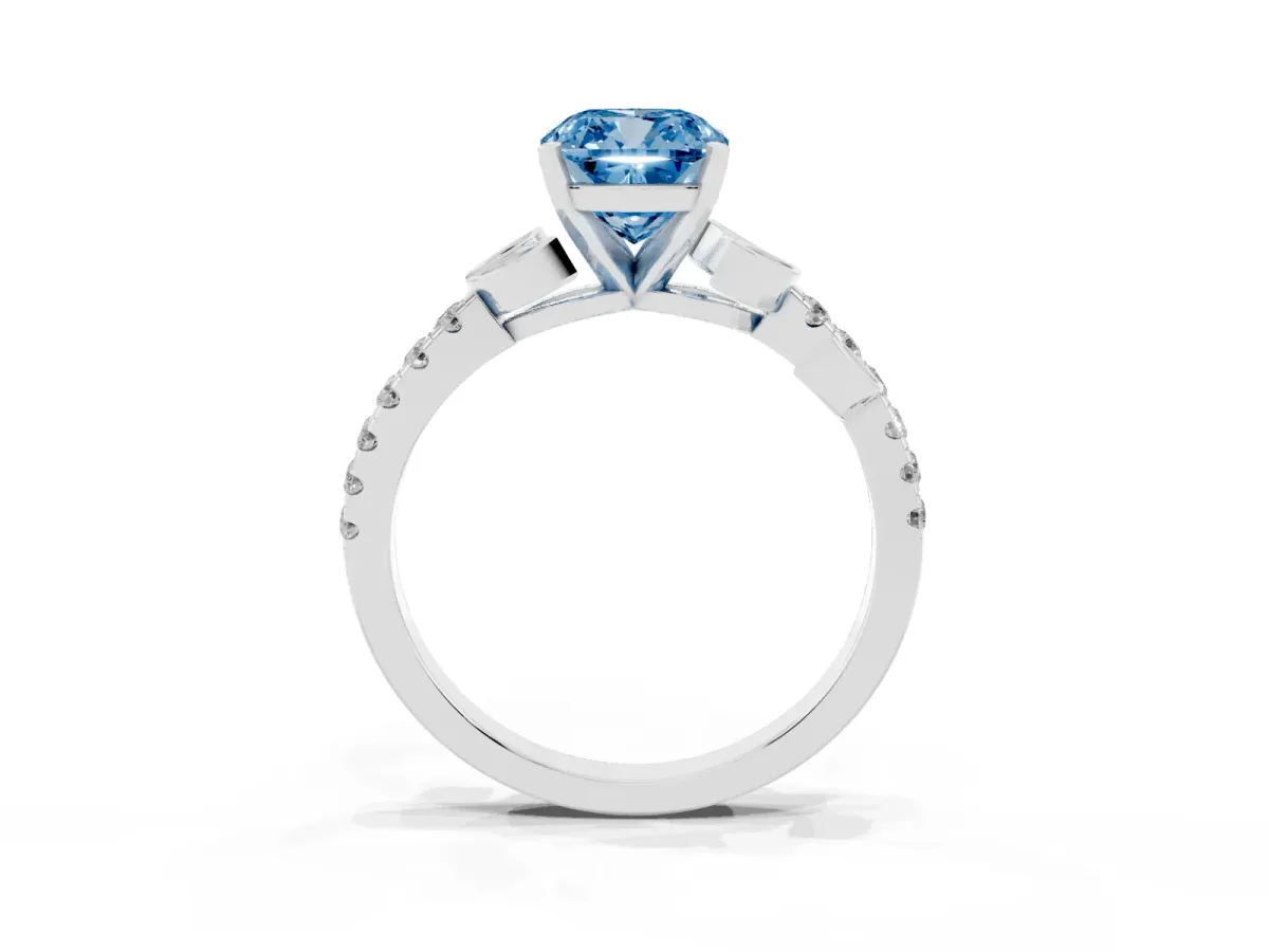 Fancy Blue Cushion Cut Solitaire Leaf-Inspired Diamond Ring with Pavé Band and Four-Prong Setting Silver