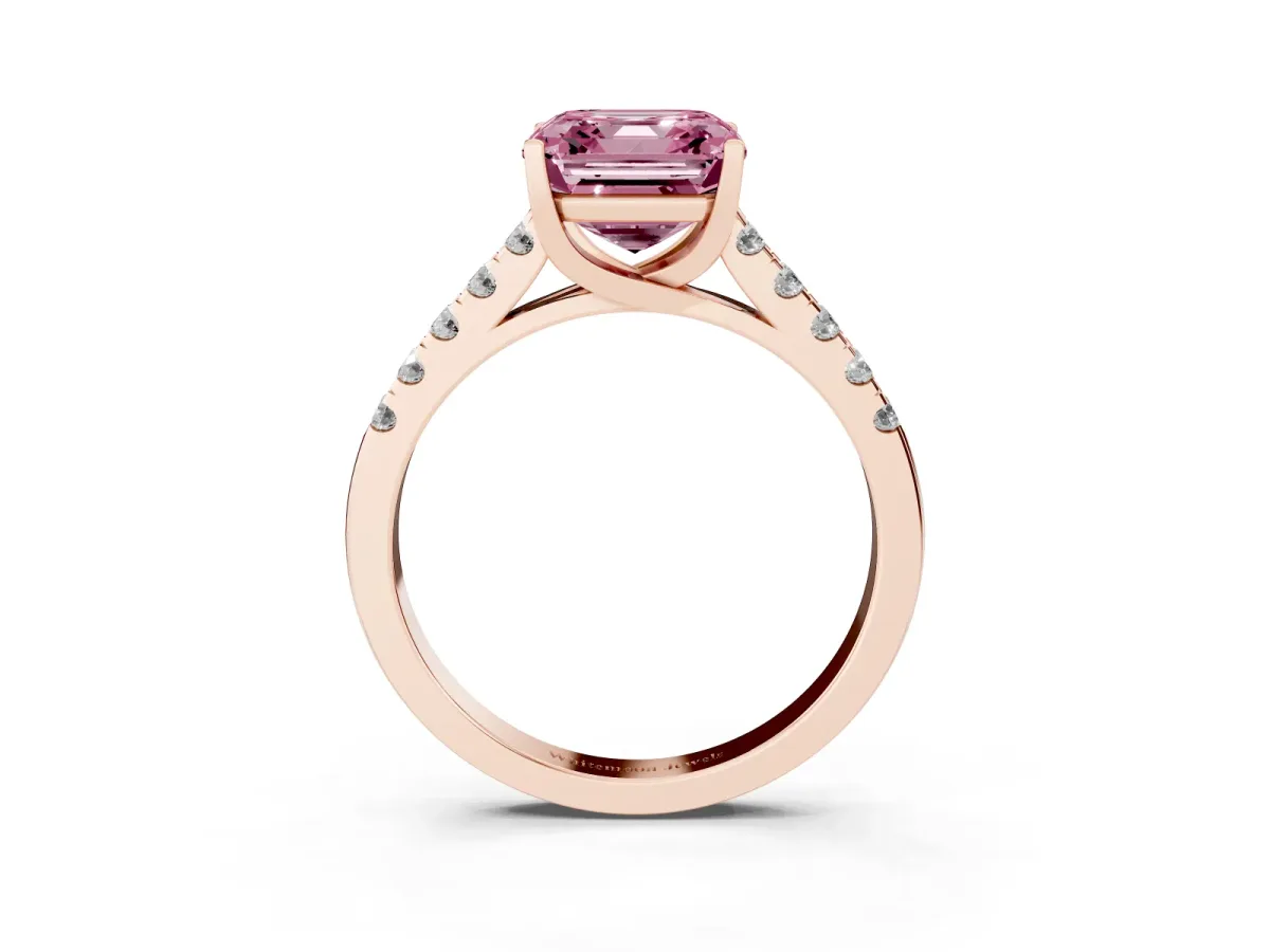 Fancy Pink Asscher Cut Diamond Pavé Band Solitaire Ring with Prong Setting Rose gold