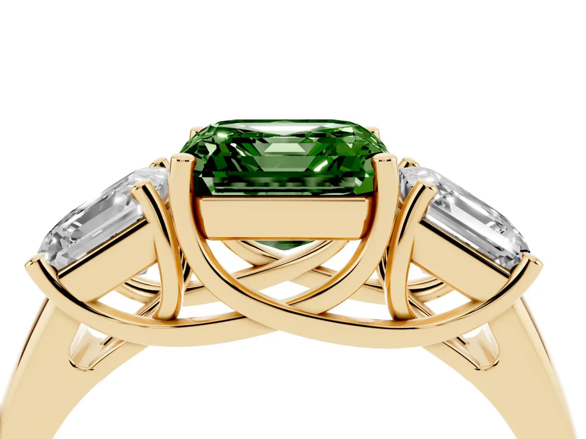 Fancy Green Three-Stone Asscher Cut Diamond Engagement Ring with Prong Setting Yellow gold