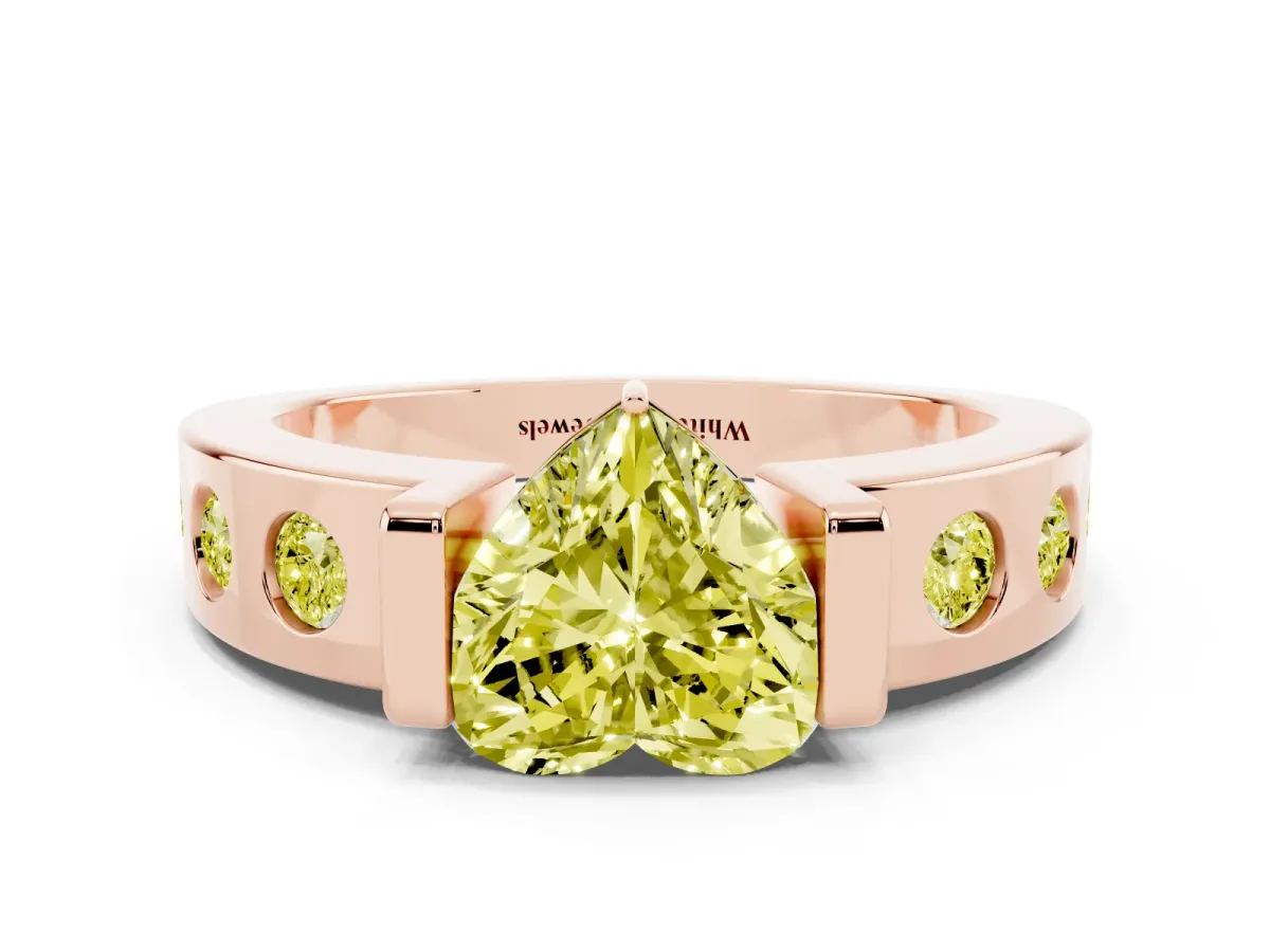 Fancy Yellow Heart Cut Brilliant Channel-Set Diamond Ring with Bezel Prong Setting Rose gold
