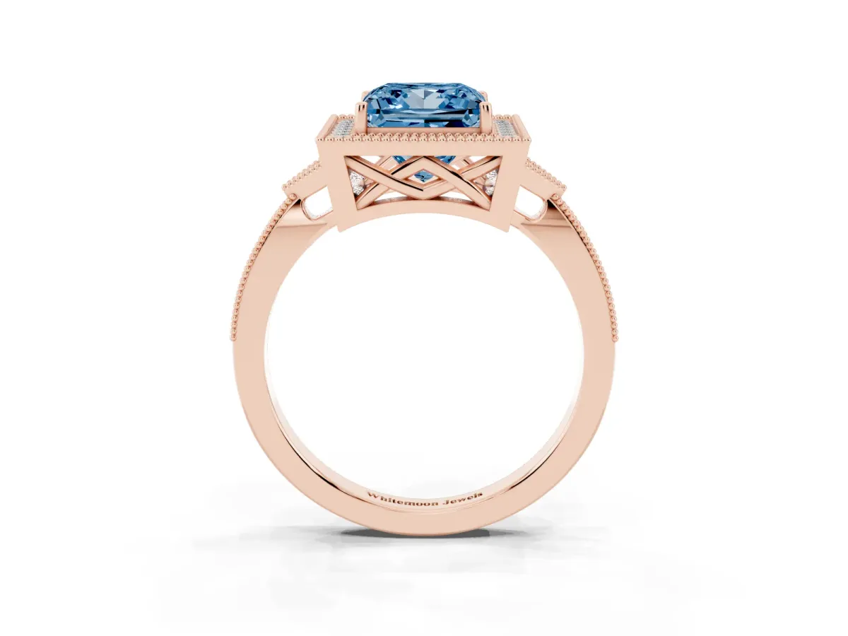 Fancy Blue Princess Cut Halo Round Diamond Milgrain Pave Engagement Ring Rose gold
