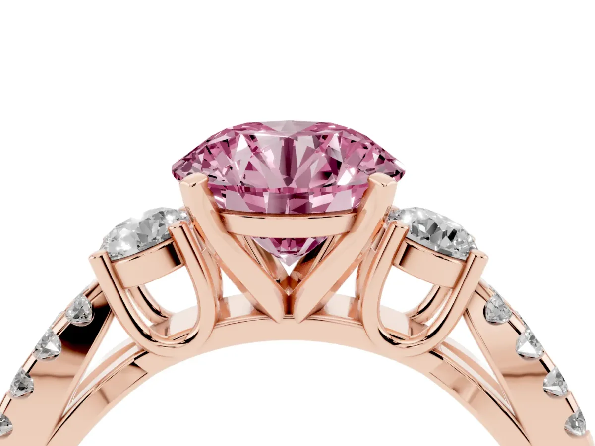Fancy Pink Round Cut Diamond Three-Stone Ring with Pavé Split Shank and Four-Prong Setting Rose gold