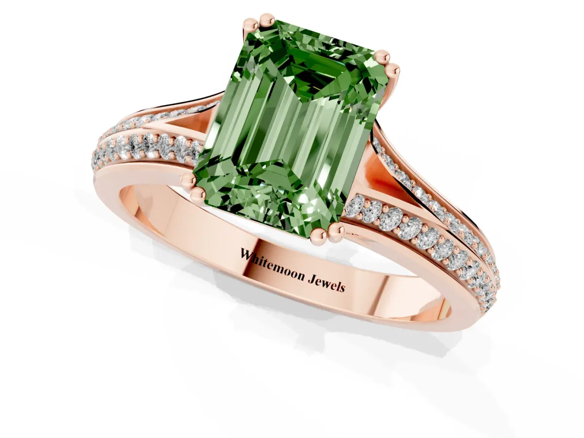 Fancy Green Emerald Cut Diamond Split Shank Engagement Ring with Pavé Band Rose gold