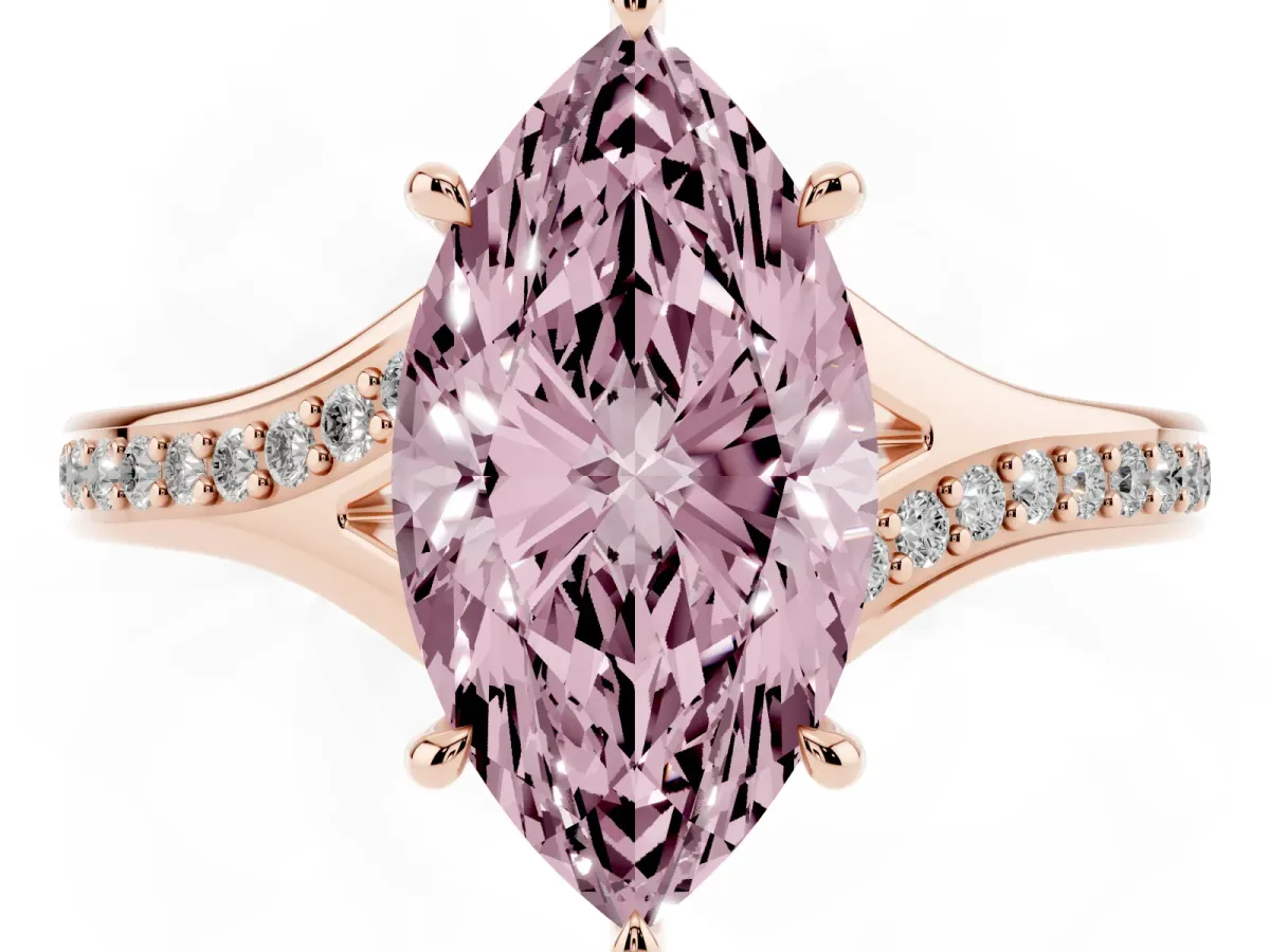 Fancy Pink Marquise Cut Diamond Solitaire Ring with Pavé Band and Prong Setting Rose gold