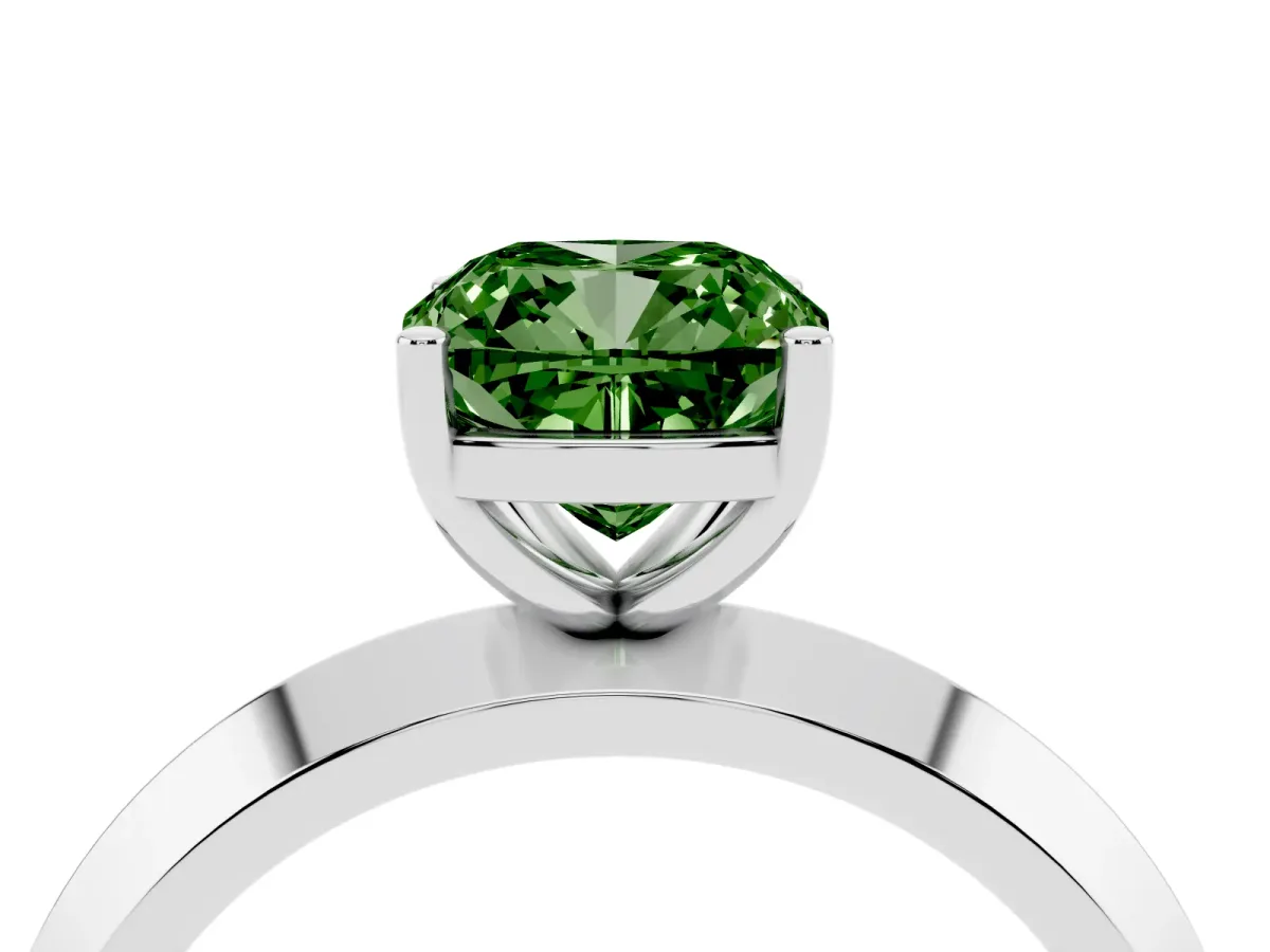 Fancy Green Cushion Cut Cut Solitaire Engagement Ring with Flat Band and Four-Prong Setting Silver