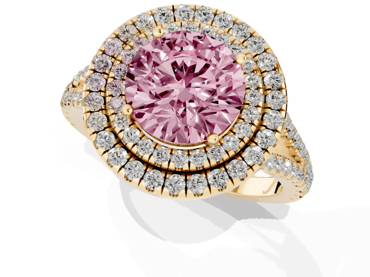 Fancy Pink Round Cut Diamond Double Halo Ring with Pavé Band and Prong Setting Yellow gold