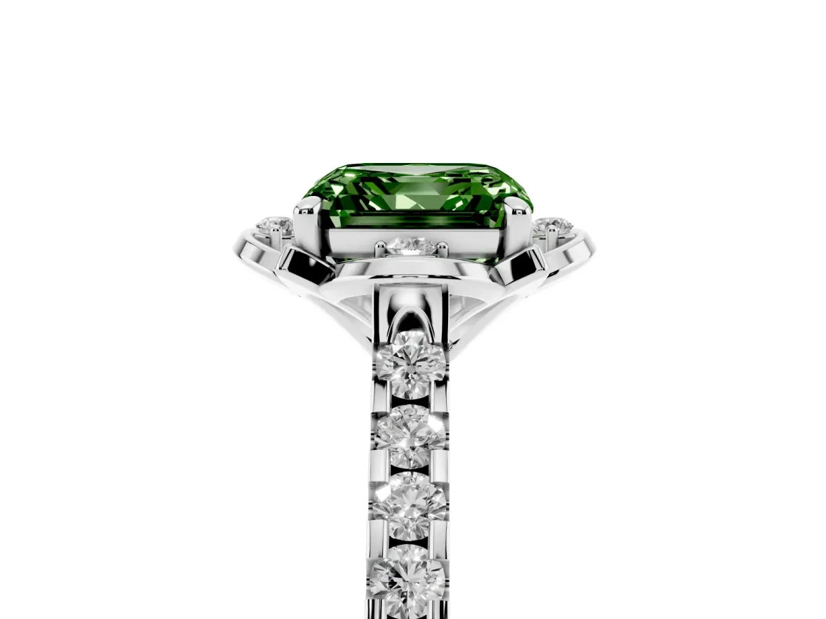 Fancy Green Asscher Cut Diamond Ring with Pavé Band and Floral Prong Setting White gold