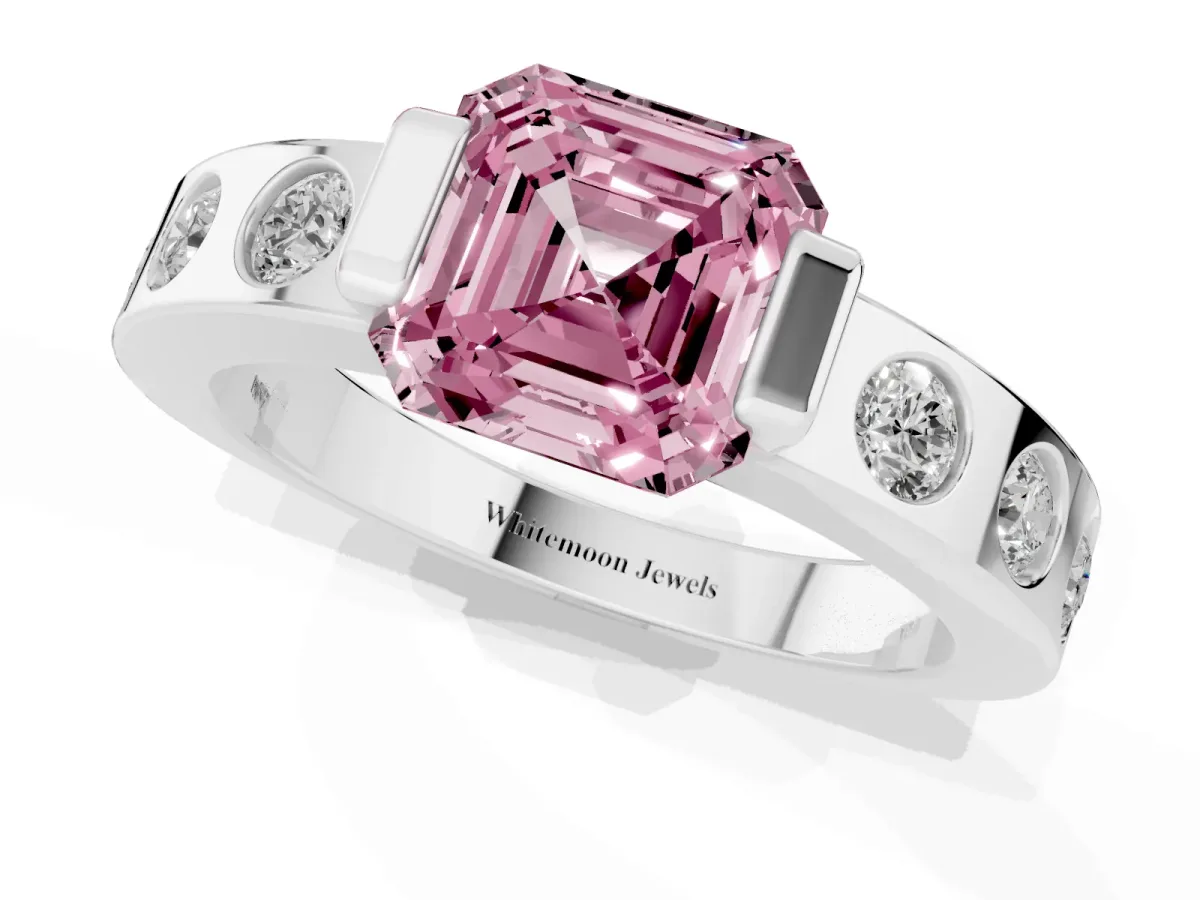 Fancy Pink Asscher Cut Brilliant Channel-Set Diamond Ring with Bezel Prong Setting Silver
