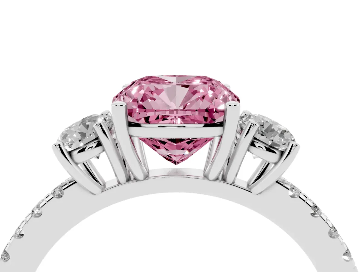 Fancy Pink Three-Stone Cushion Cut Cut Diamond Pavé Band with Prong Setting Platinum