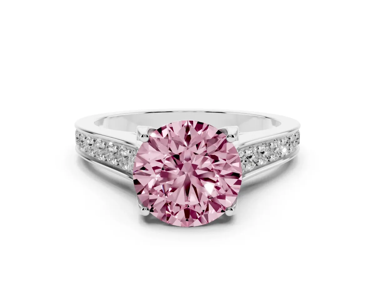 Fancy Pink Round Cut Brilliant Cut Diamond Engagement Ring with Pavé Band and Four-Prong Setting Silver