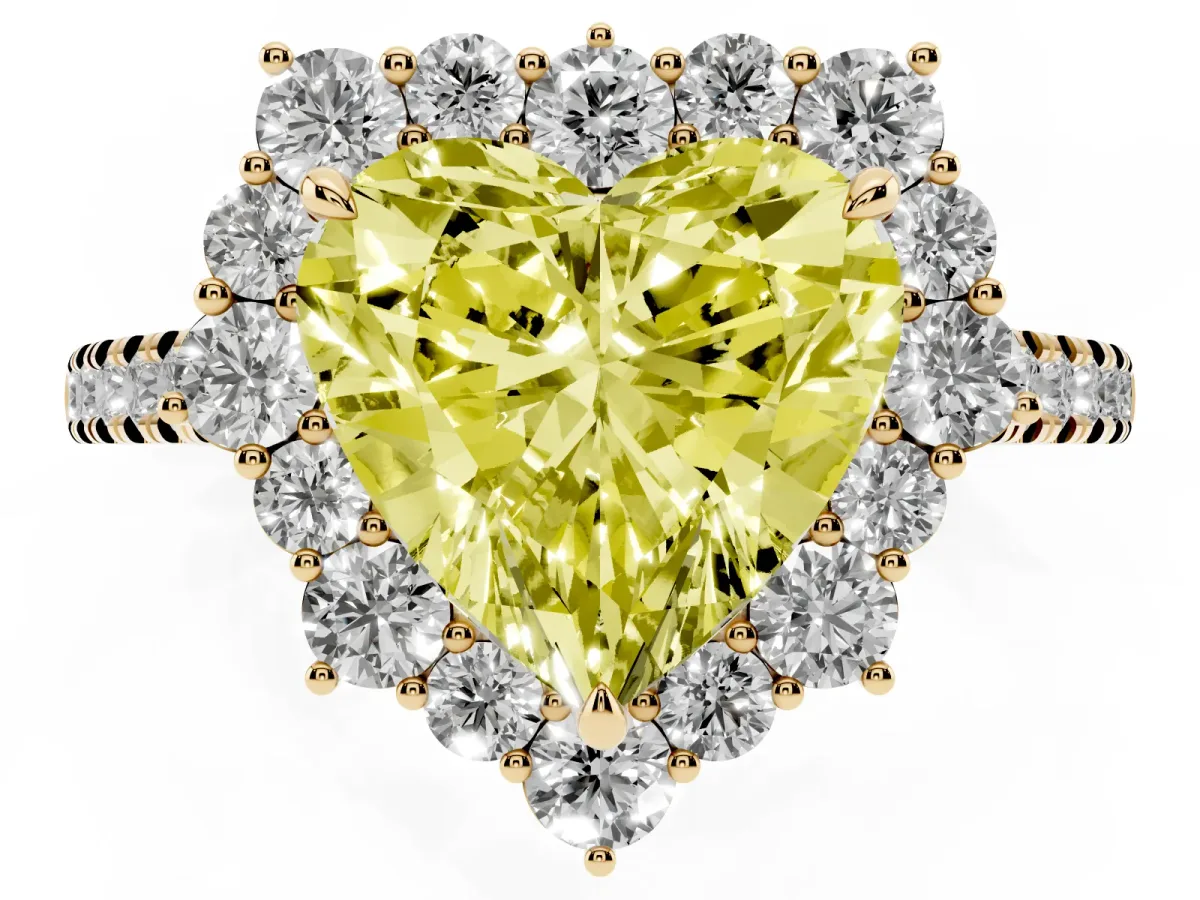 Fancy Yellow Heart Cut Halo Diamond Ring with Pavé Band and Prong Setting Yellow gold