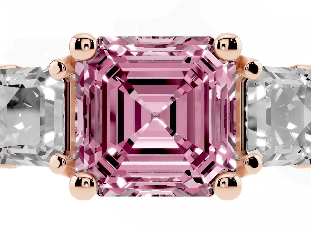 Fancy Pink Asscher Cut Diamond Three-Stone Ring with Channel Set Band and Four-Prong Setting Rose gold