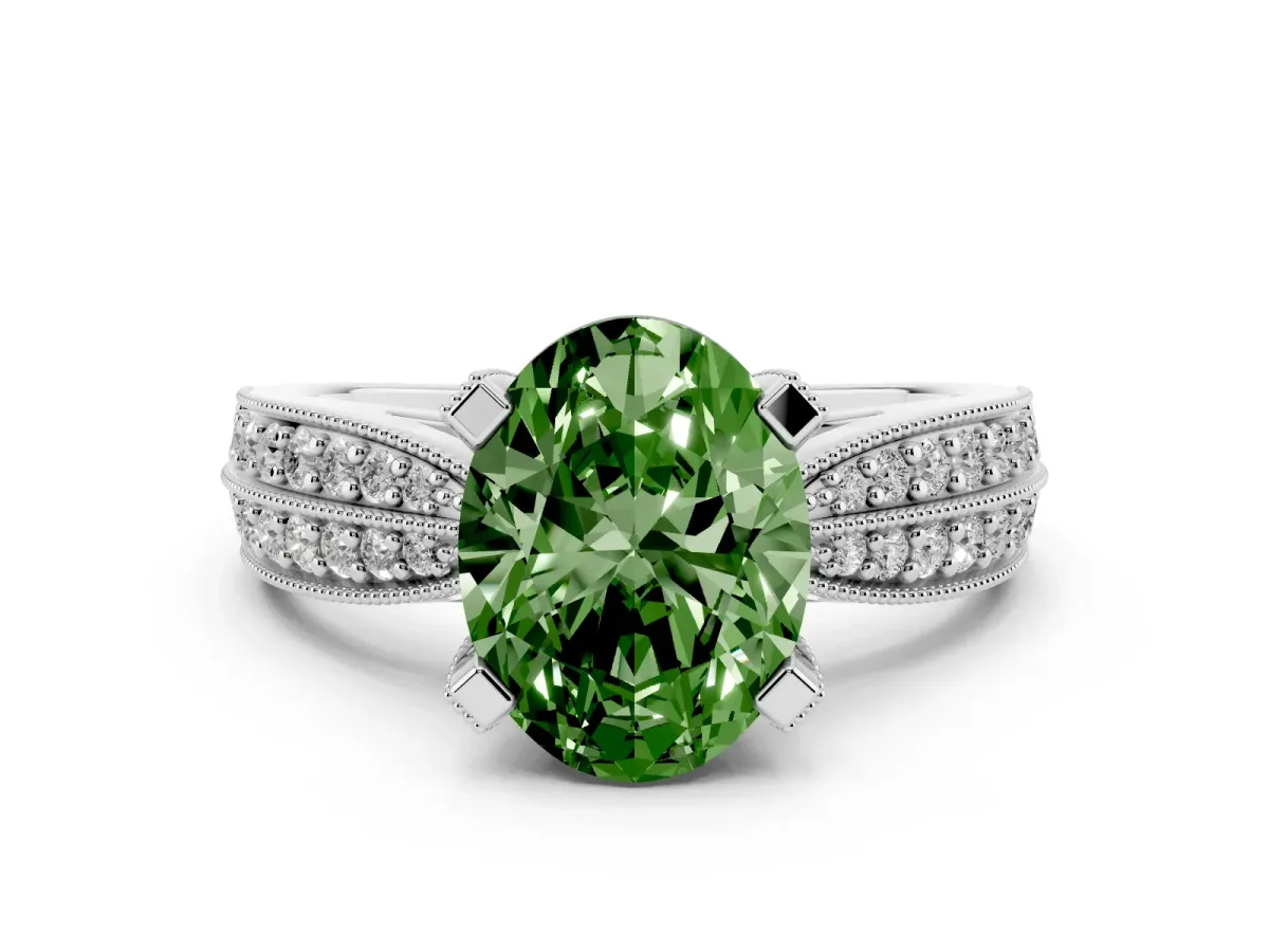 Fancy Green Oval Cut Diamond Solitaire Ring with Milgrain Round Pavé Band and Prong Setting White gold