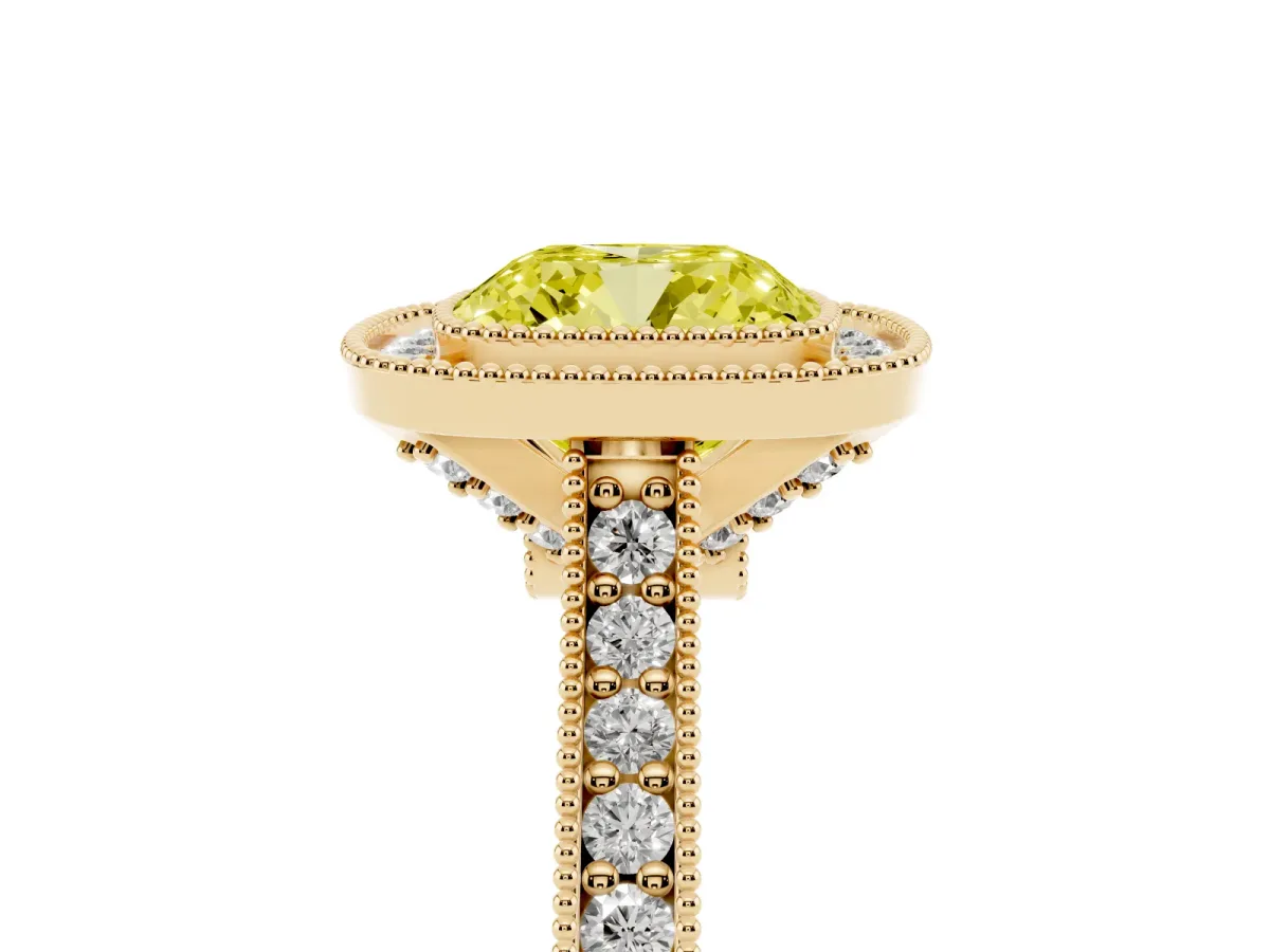 Fancy Yellow Halo Cushion Cut-Cut Diamond Pave Band Milgrain Prong Setting Ring Yellow gold