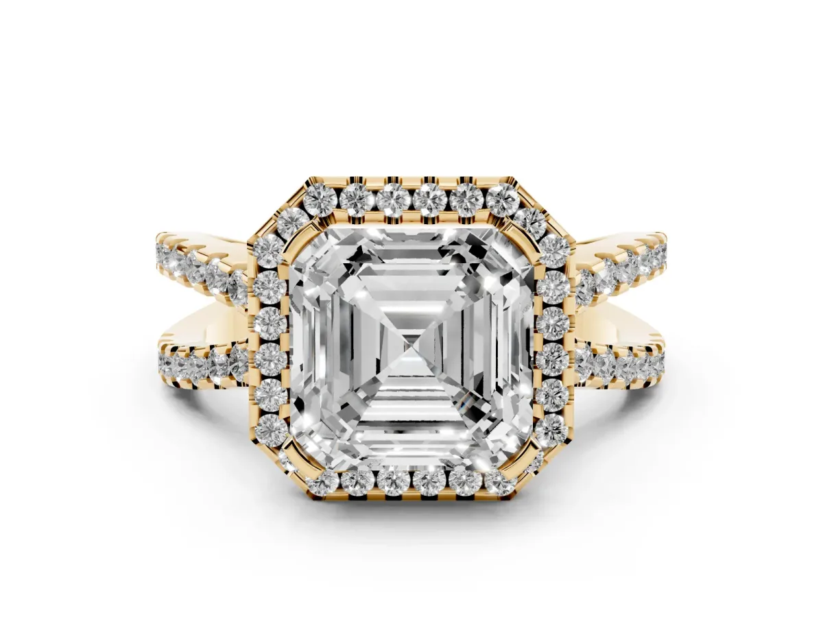 Asscher Cut Diamond Halo Ring with Split Shank Pavé Band and Prong Setting Yellow gold