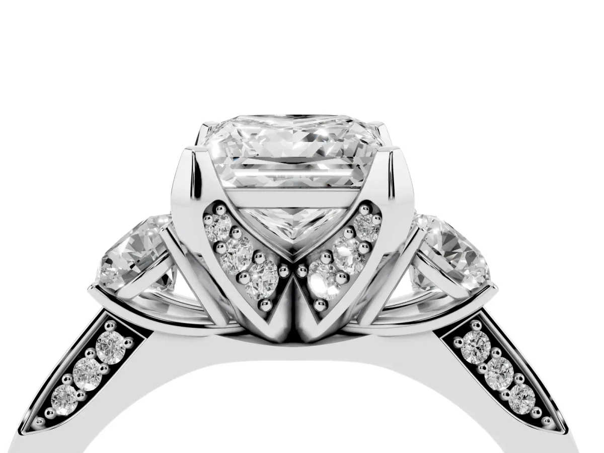 Princess Cut Brilliant Three-Stone Diamond Ring with Pavé Band and Four-Prong Setting White gold