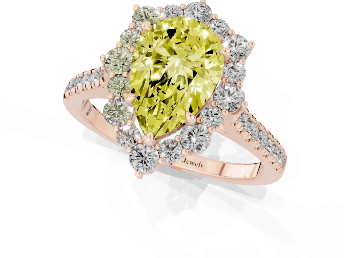 Fancy Yellow Pear Cut Halo Diamond Ring with Pavé Band and Prong Setting Rose gold