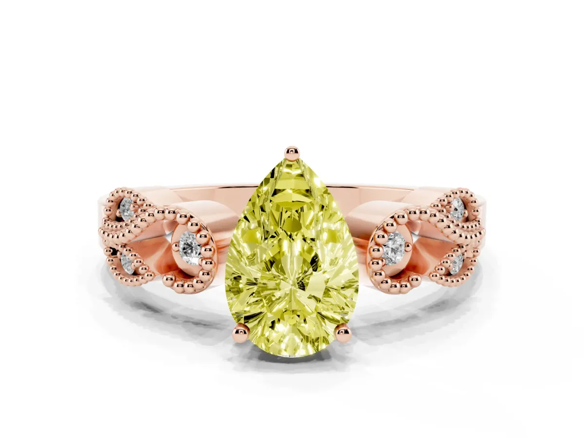Fancy Yellow Pear Cut Solitaire Milgrain Leaf Band with Prong Setting Rose gold