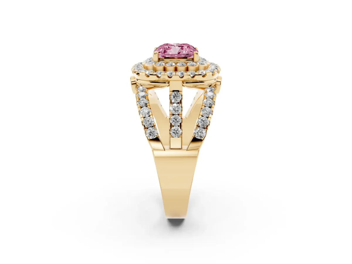 Fancy Pink Cushion Cut Diamond Double Halo Ring with Round Pavé Split Shank and Prong Setting Yellow gold