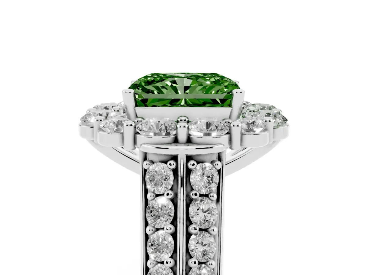 Fancy Green Radiant Cut Halo Diamond Engagement Ring with Split Shank and Prong Setting Silver