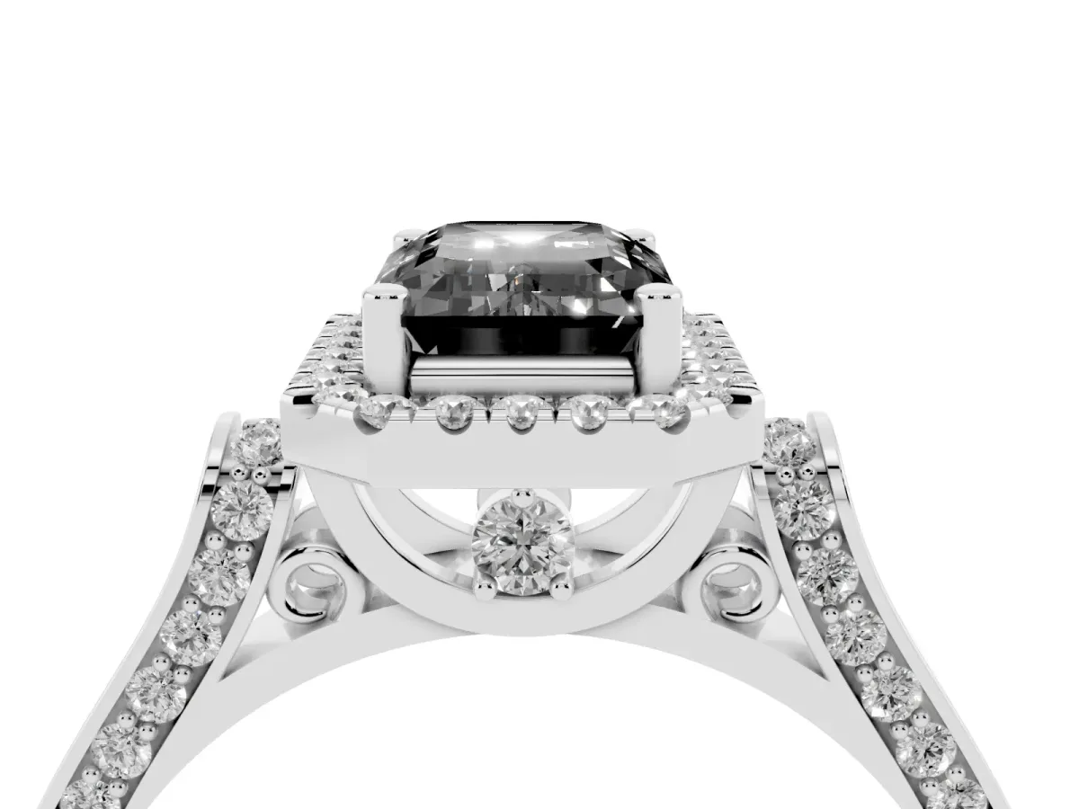 Fancy Black Emerald Cut Halo Round Diamond Twist Band with Four-Prong Setting Silver