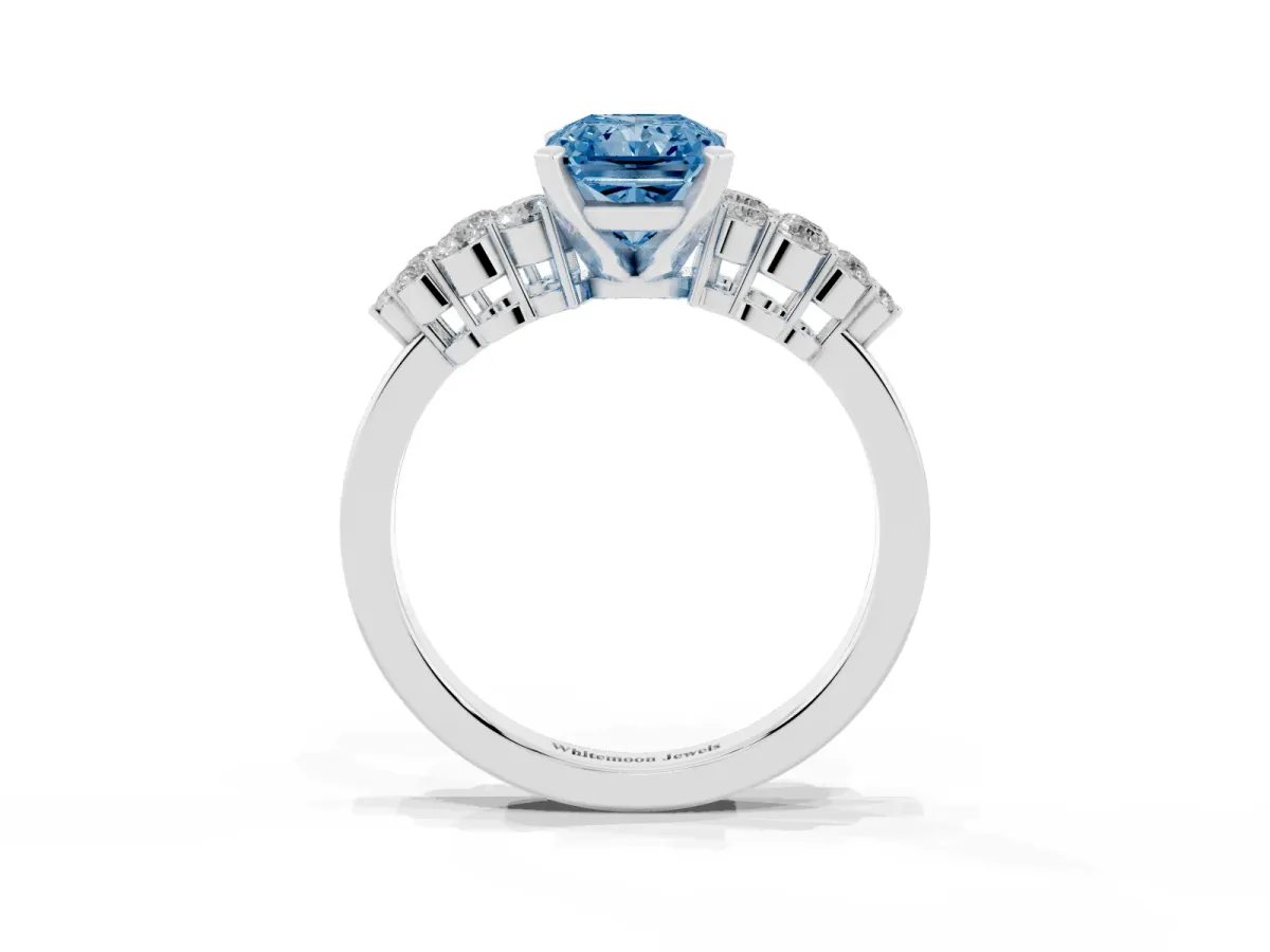 Fancy Blue Radiant Cut Cluster Diamond Engagement Ring with Pavé Band and Four-Prong Setting Silver