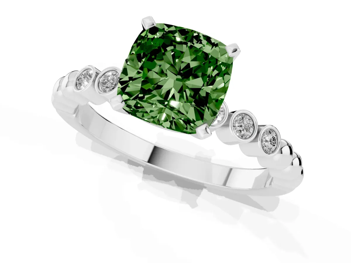 Fancy Green Cushion Cut Solitaire Bezel Accent Diamond Engagement Ring with Beaded Band and Four-Prong Setting Silver