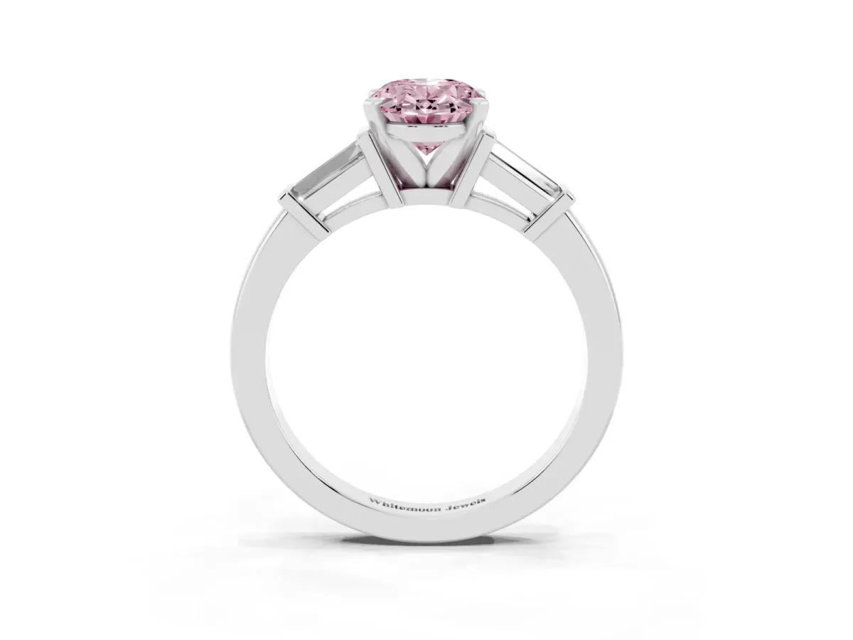 Fancy Pink Oval Cut Cut Diamond Solitaire Ring with Tapered Baguette Accents and Four-Prong Setting Platinum