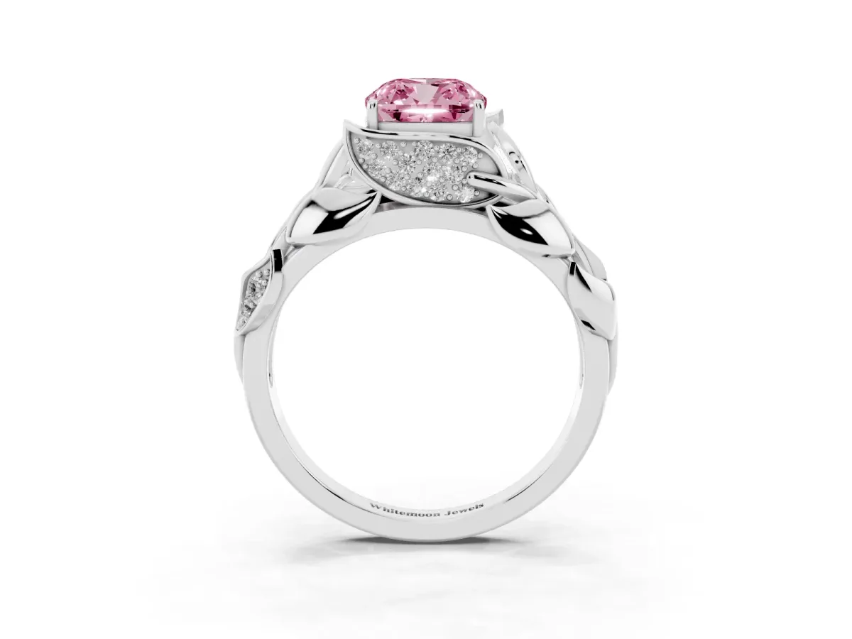 Fancy Pink Cushion Cut Diamond Leaf-Inspired Engagement Ring with Round Accents and Prong Setting Platinum