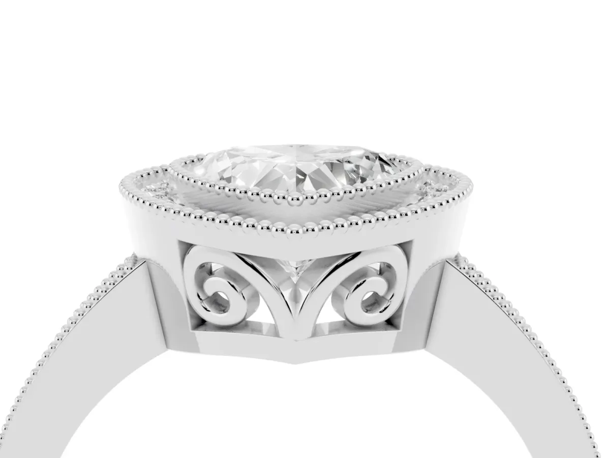 Heart Cut Cut Halo Diamond Ring with Pavé Band and Milgrain Prong Setting White gold