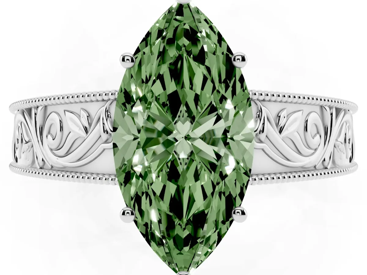 Fancy Green Marquise Cut Diamond Solitaire Ring with Engraved Band and Four-Prong Setting Platinum