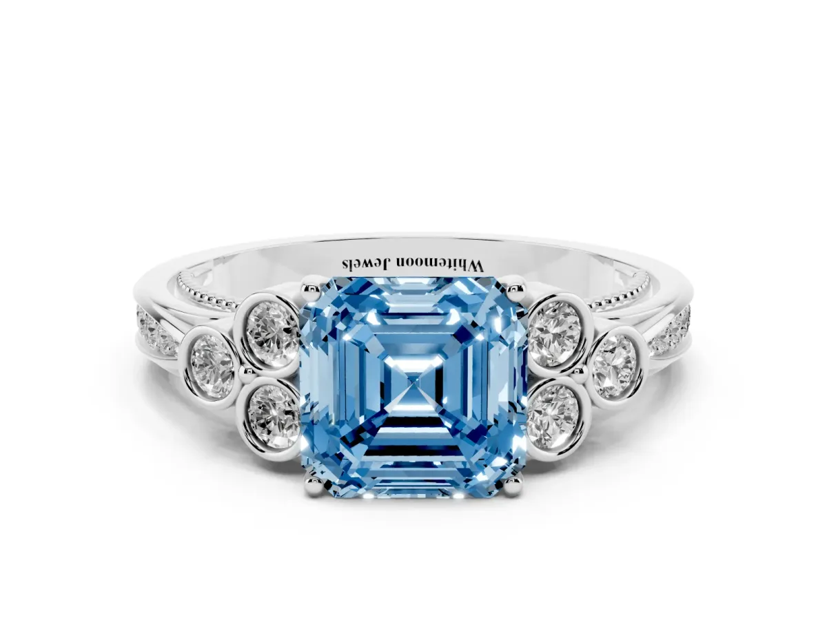 Fancy Blue Asscher Cut Cut Diamond Engagement Ring with Bezel Set Round Side Stones and Prong Setting Silver