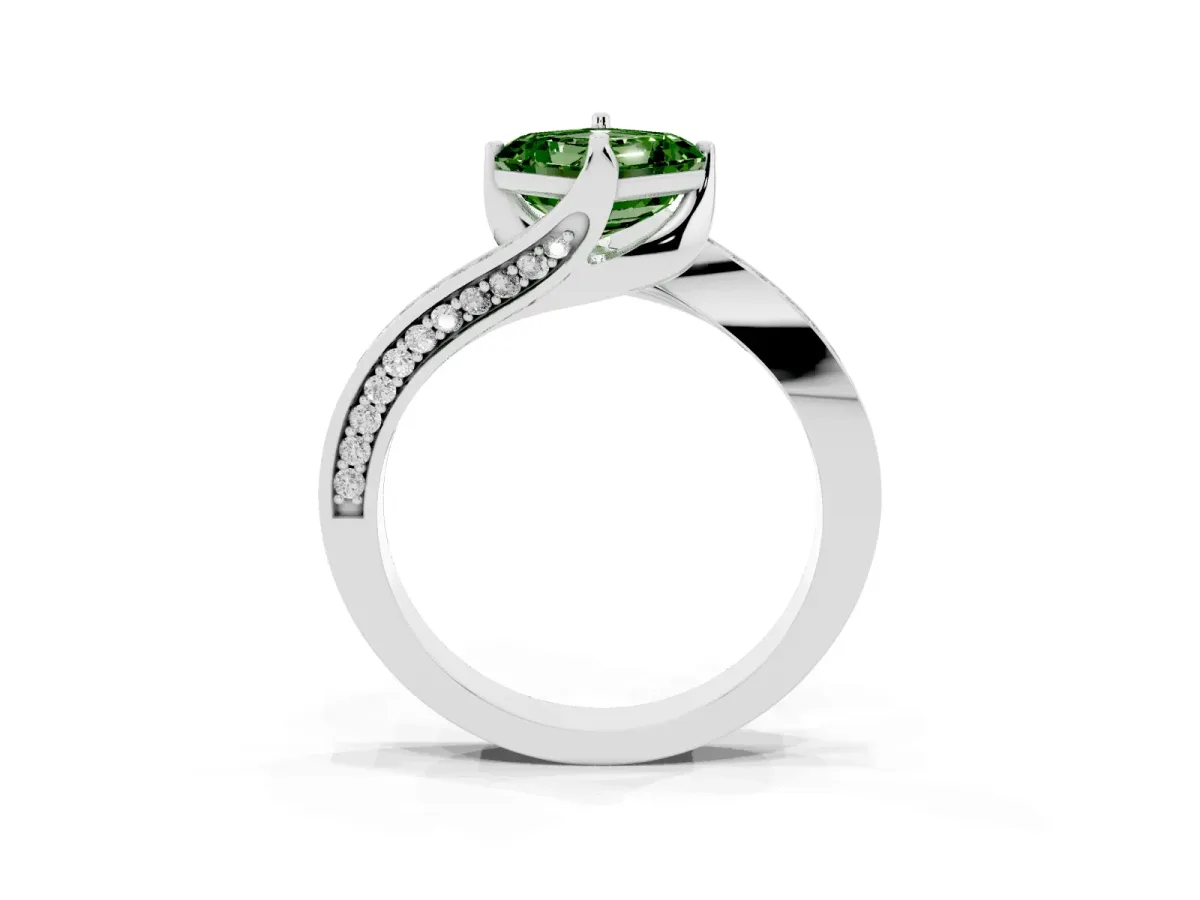Fancy Green Asscher Cut Solitaire Diamond Twist Band with Pavé Setting and Four-Prong Setting Silver