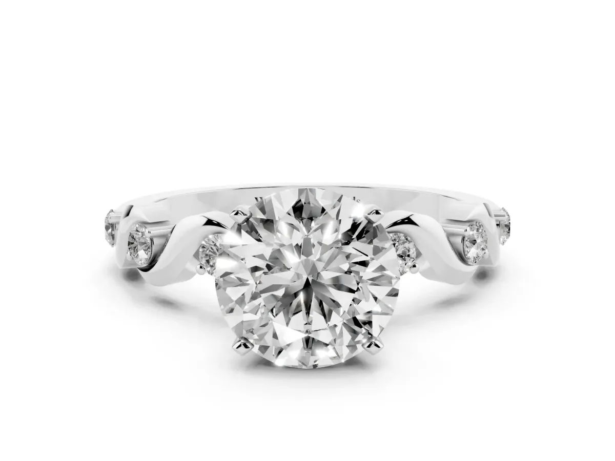 Round Cut Diamond Solitaire Twisted Band with Round Accents and Prong Setting Platinum