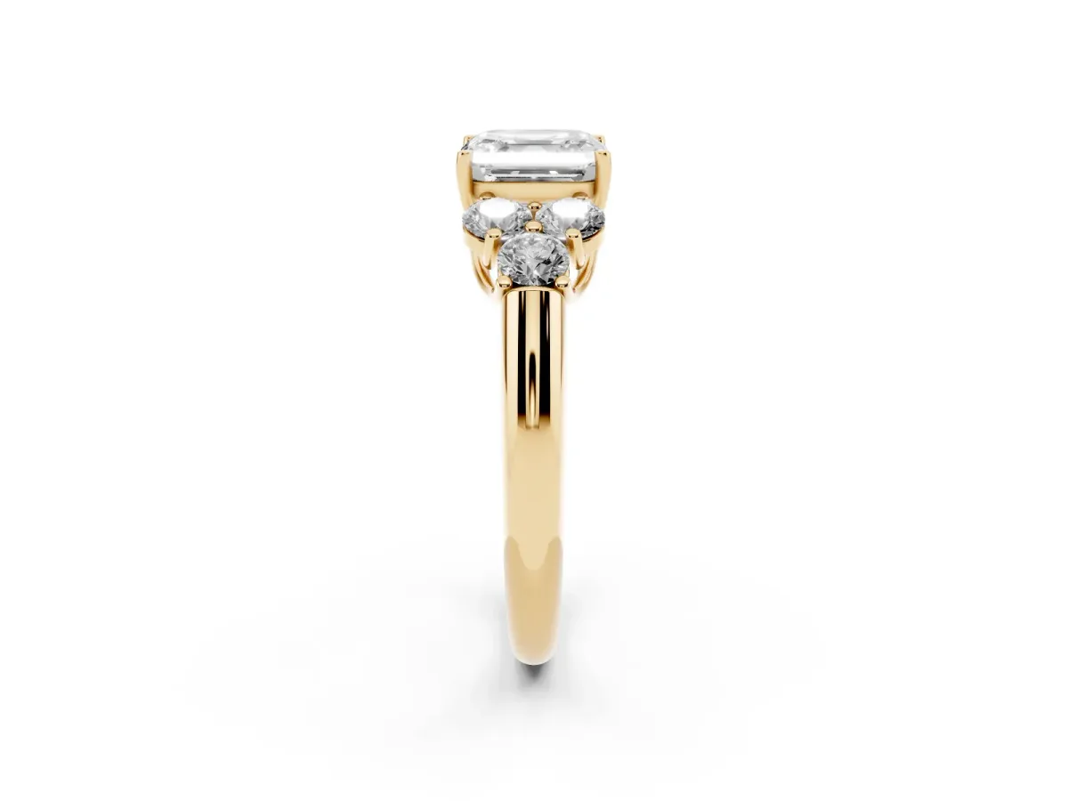Asscher Cut Cut Diamond Cluster Ring with Round Accent Stones and Prong Setting on a Classic Band Yellow gold