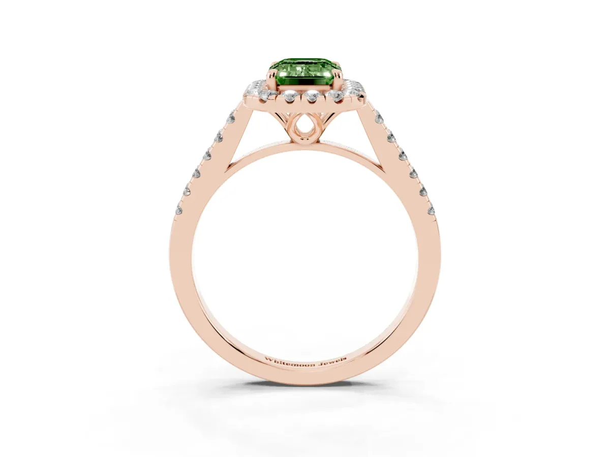 Fancy Green Emerald Cut Halo Pavé Diamond Engagement Ring with Four-Prong Setting Rose gold