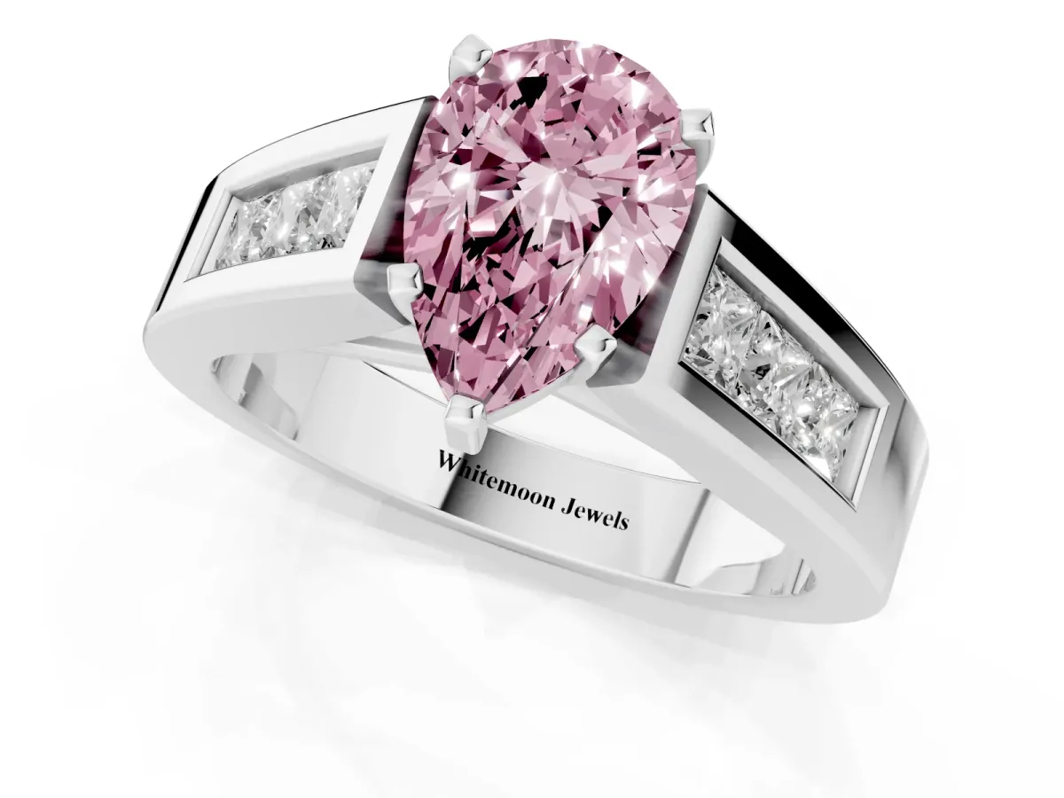 Fancy Pink Pear Cut Cut Channel Set Solitaire Ring with Four-Prong Setting Silver