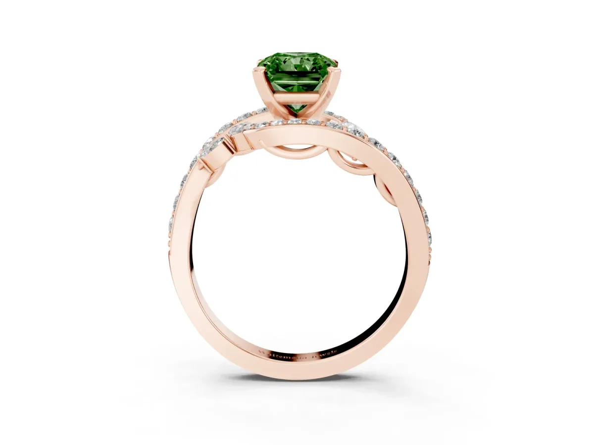 Fancy Green Radiant Cut Solitaire with Pavé Twist Band and Four-Prong Setting Rose gold