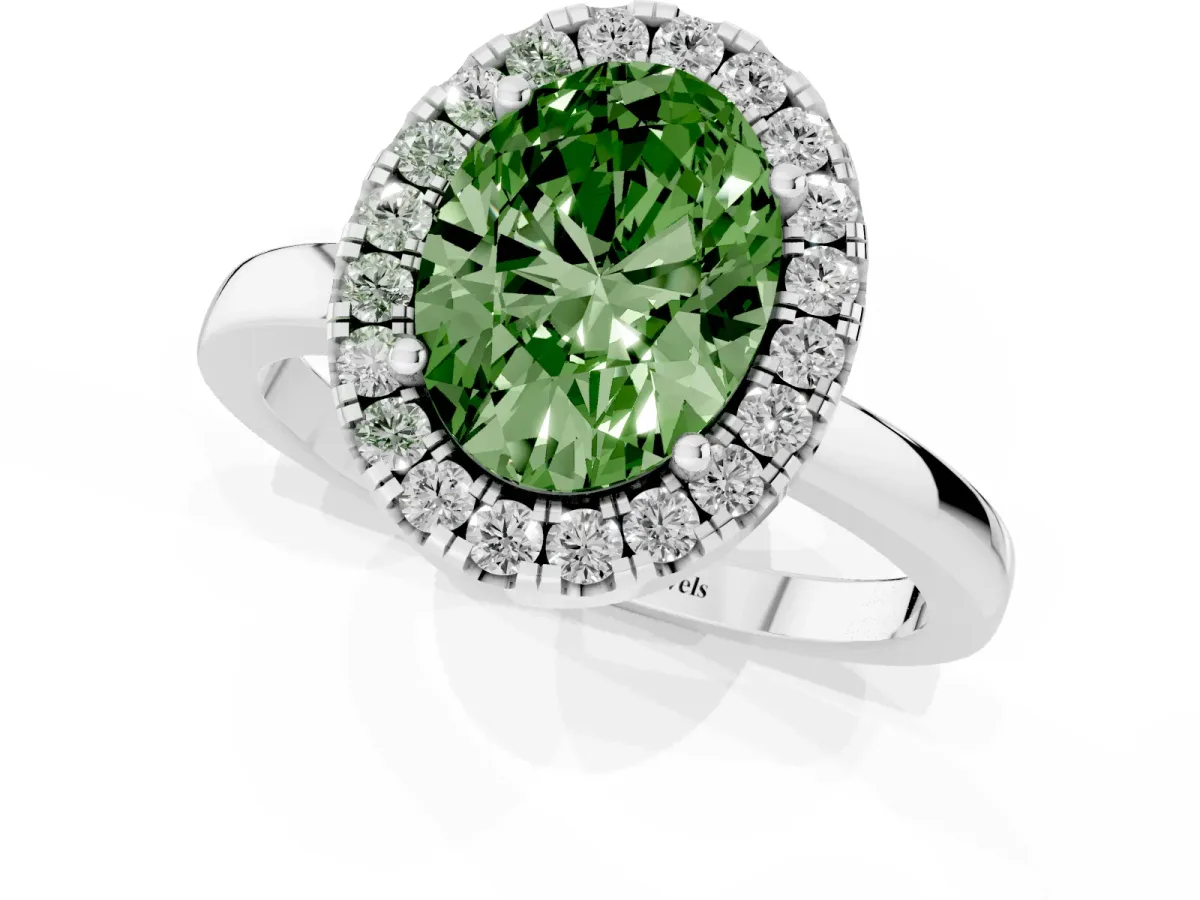 Fancy Green Oval Cut Halo Diamond Solitaire with Pavé Band and Four-Prong Setting White gold