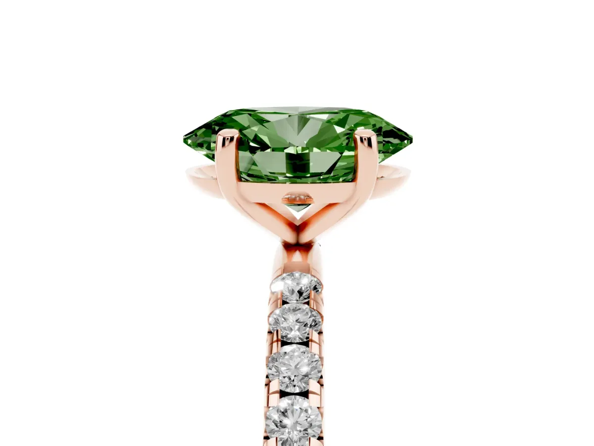 Fancy Green Oval Cut Cut Diamond Solitaire Ring with Micro Pave Band and Four Prong Setting Rose gold