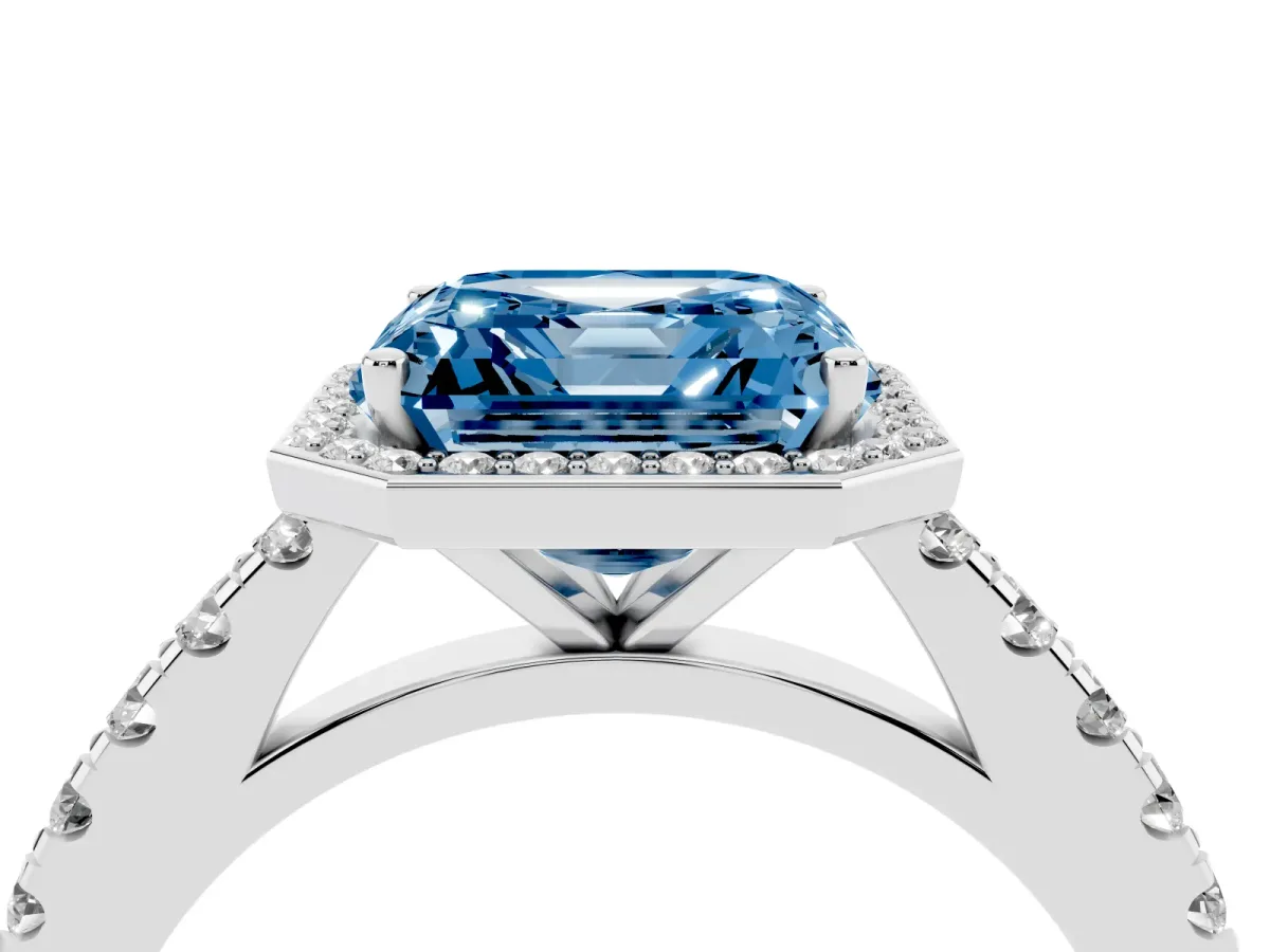Fancy Blue Asscher Cut Cut Halo Diamond Engagement Ring with Pave Band and Four-Prong Setting Platinum