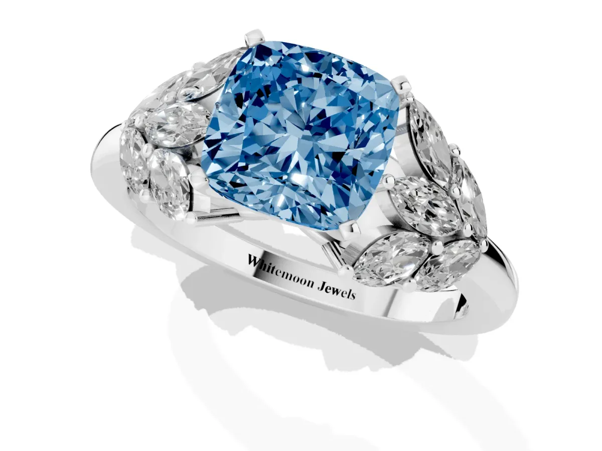 Fancy Blue Cushion Cut Diamond Cluster Leaf Design Ring with Prong Setting Silver