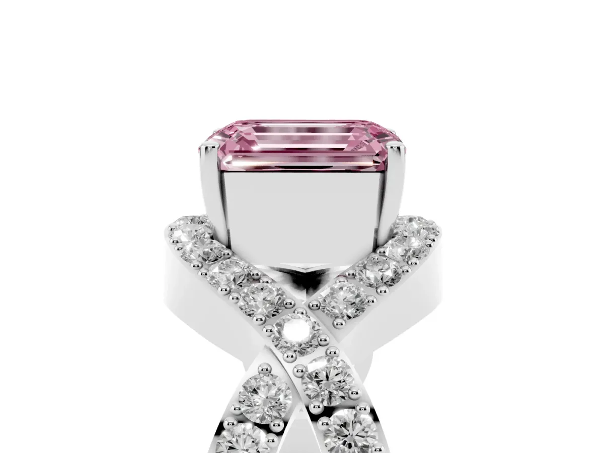 Fancy Pink Emerald Cut Solitaire Twist Band Pavé Diamond Engagement Ring Silver