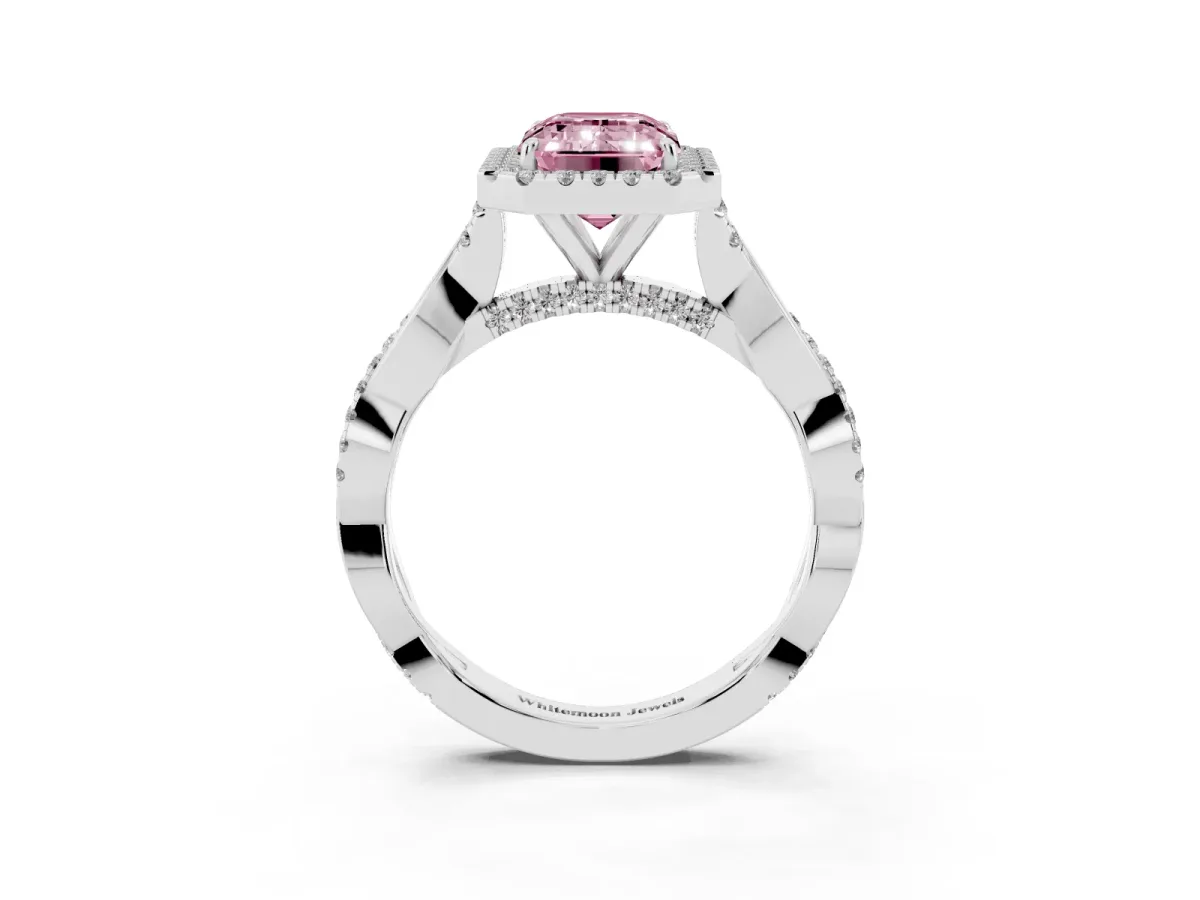 Fancy Pink Emerald Cut Halo Twist Band Solitaire Ring Silver