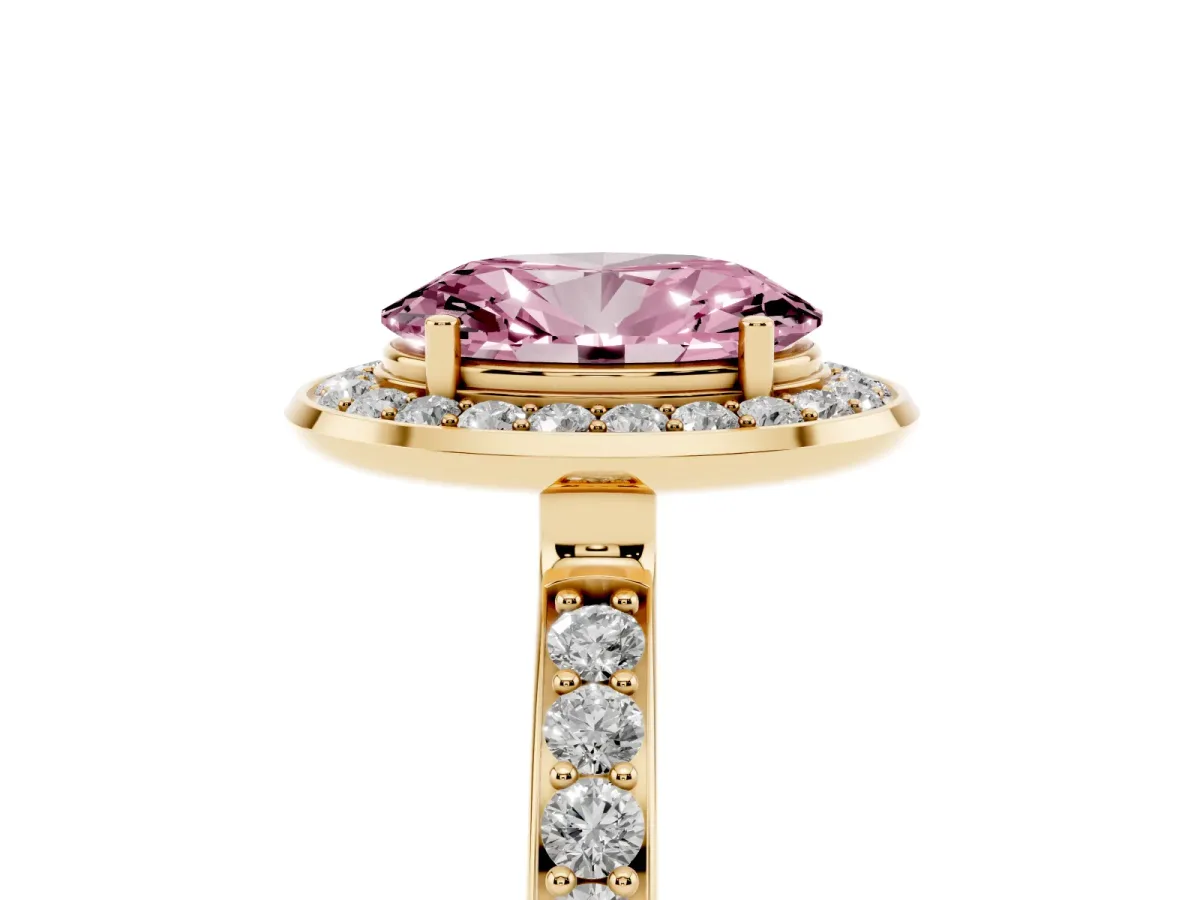 Fancy Pink Oval Cut Diamond Halo Ring with Bezel Frame and Pavé Band Yellow gold