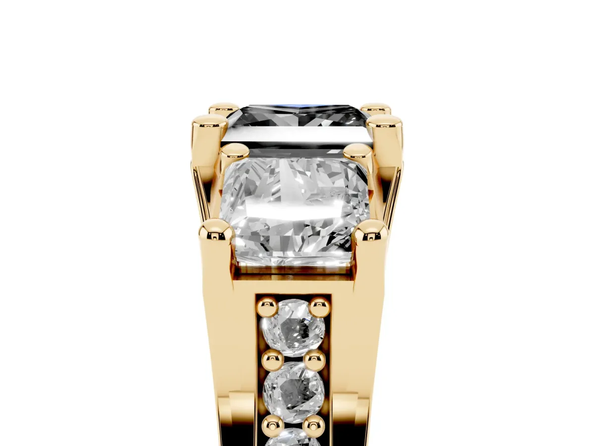 Fancy Black Princess Cut Diamond Three-Stone Ring with Channel Set Band and Four-Prong Setting Yellow gold