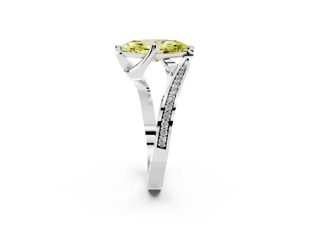 Fancy Yellow Marquise Cut Solitaire Diamond Twist Band with Pavé Setting and Four-Prong Setting Platinum