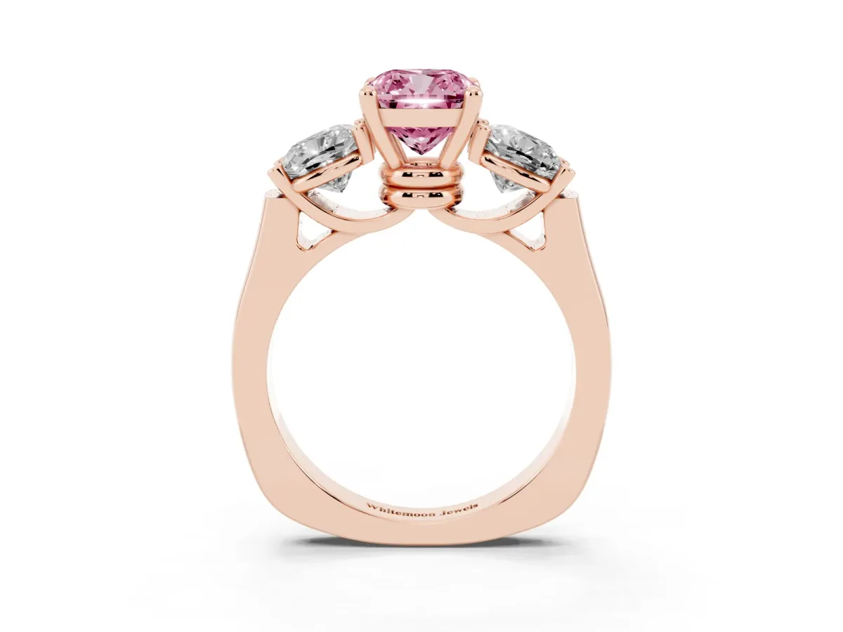 Fancy Pink Three-Stone Cushion Cut Brilliant Diamond Trellis Ring with Comfort Fit Band Rose gold